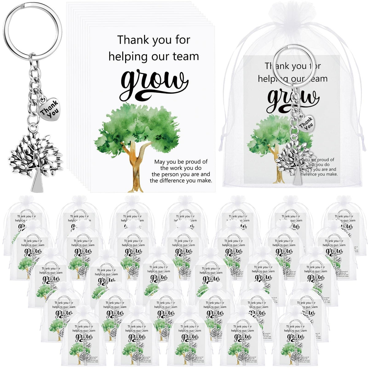 Team Appreciation Gift Tree Keychains with Heart Charm Bulk Set - 50 Pieces