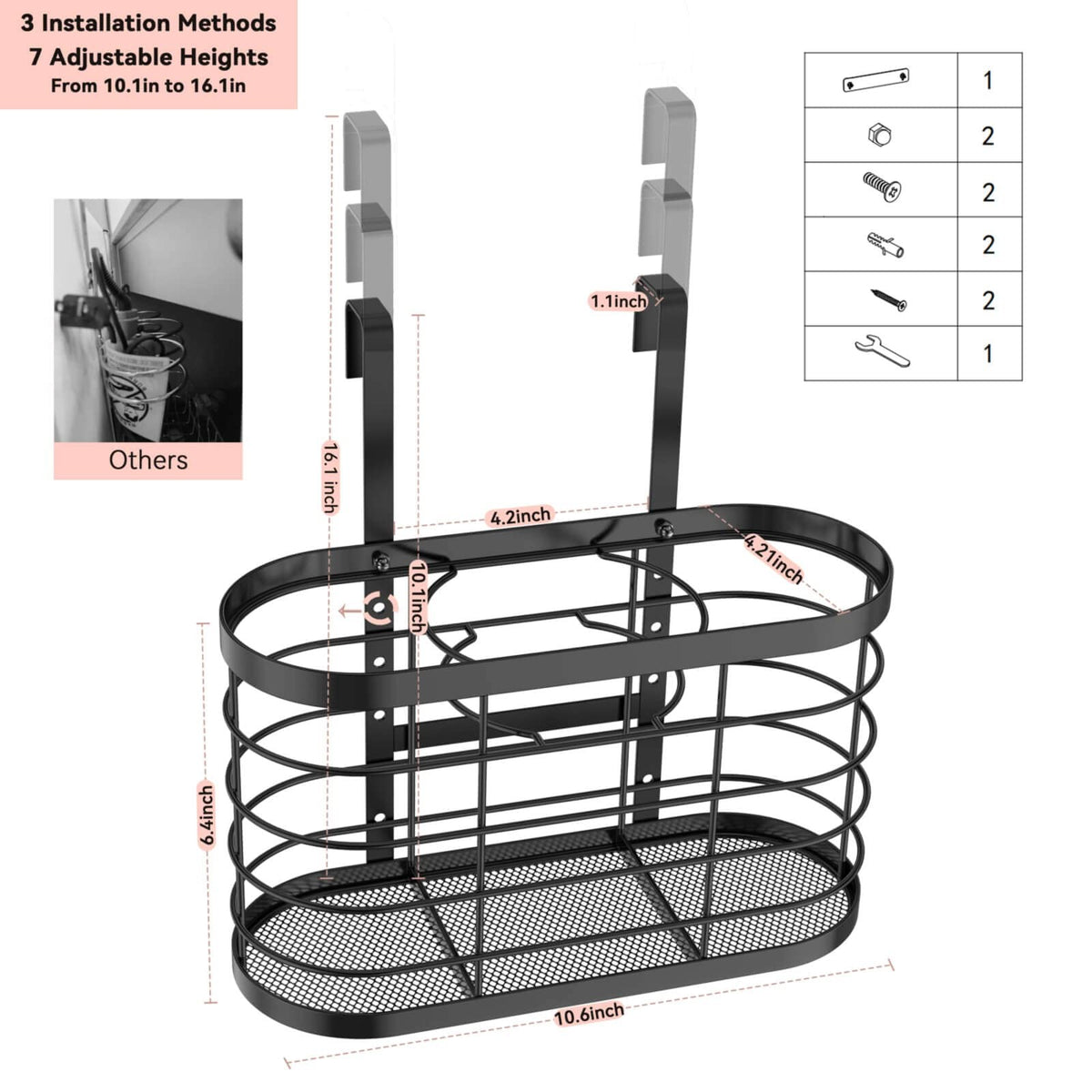 Adjustable Wall-Mount Hair Tool Organizer with 3 Compartments and Height Extension
