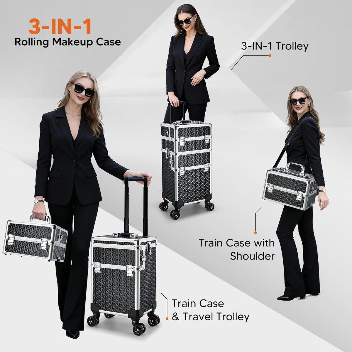 3-in-1 Portable Rolling Makeup Case with Detachable Compartments & Lockable Storage