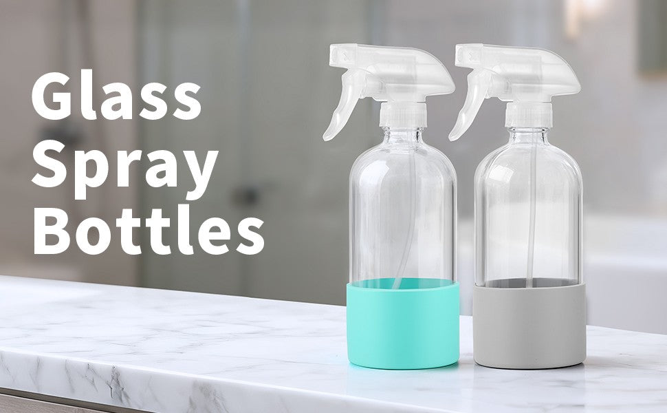 16oz Glass Spray Bottles with Silicone Sleeve - Refillable & Leak-Proof