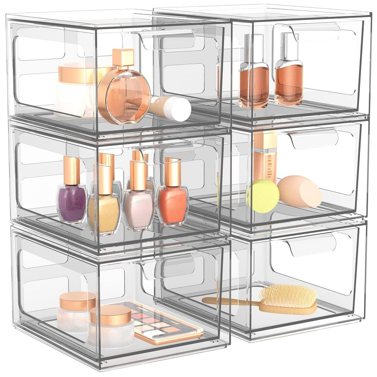 Stackable Clear Plastic Makeup Organizer Drawers with Handles