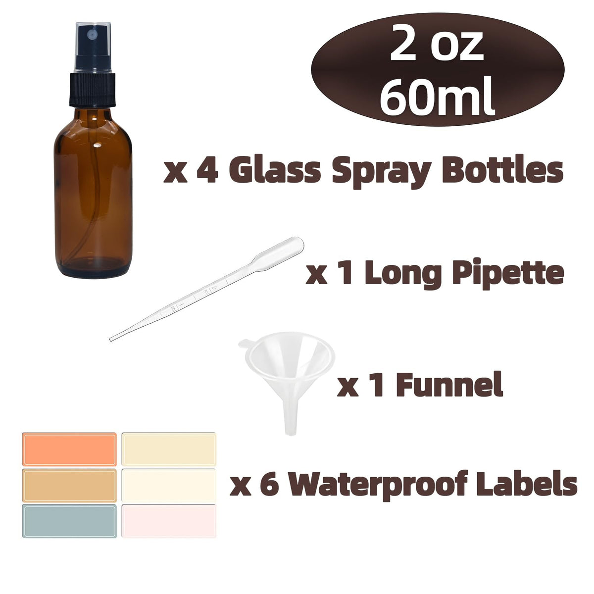 4 Pack 2oz Amber Glass Spray Bottles - Fine Mist for Hair, Plants, Perfume