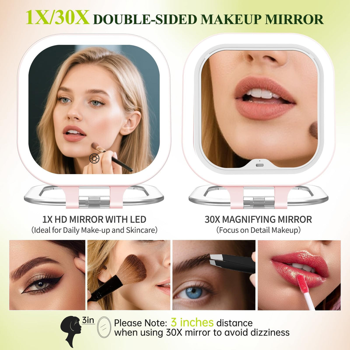 30X Travel Magnifying Mirror with Light - 7 Inch Double Sided Pink Vanity Mirror Rechargeable Portable Makeup Mirror