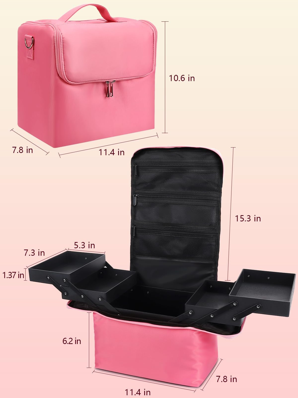 Large Pink Makeup & Nail Polish Organizer Bag 4-Tier Waterproof Travel