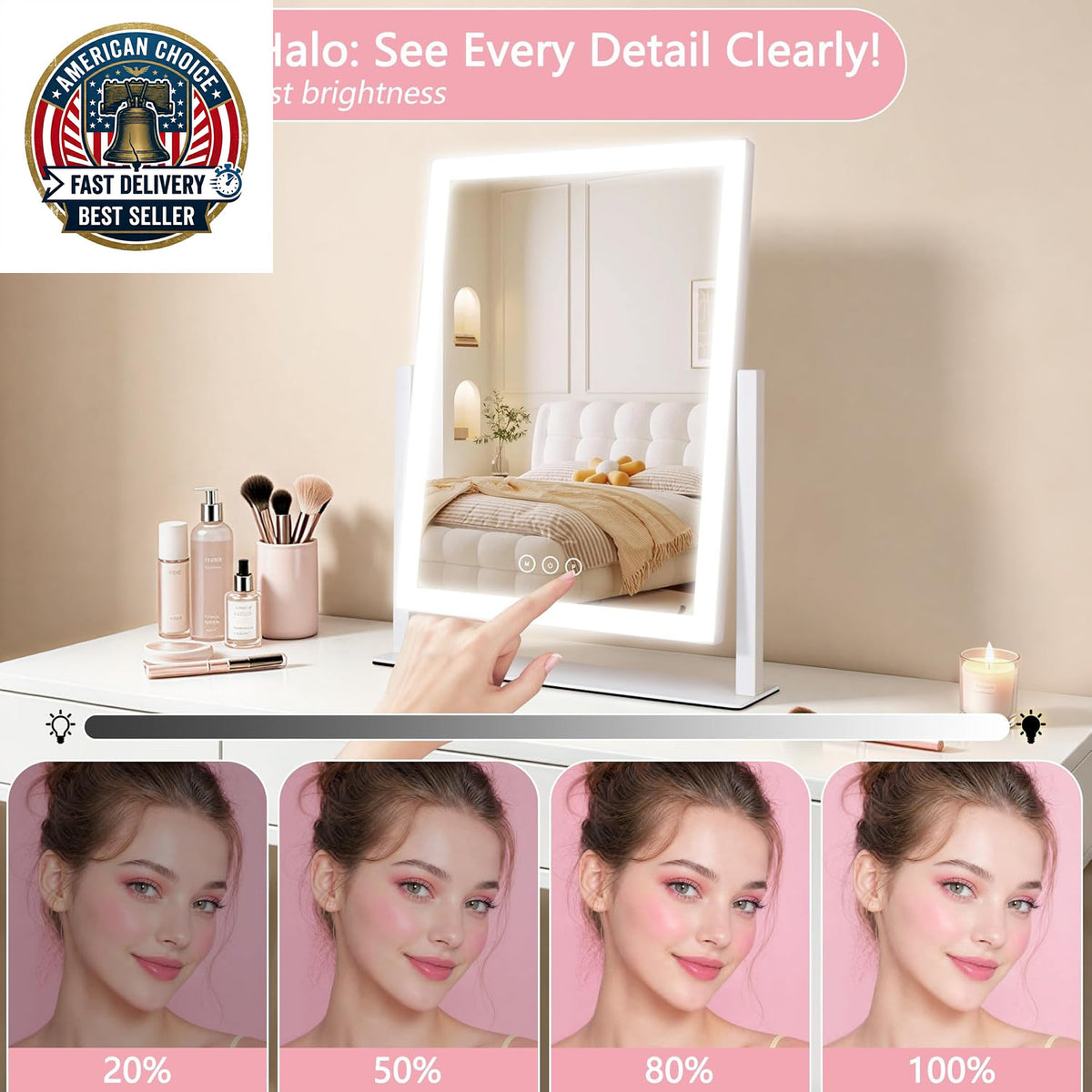 Lighted Vanity Mirror with 3 Color LED Lights, 16.7 x 13.2 Inch, 360° Rotation, Touch Control