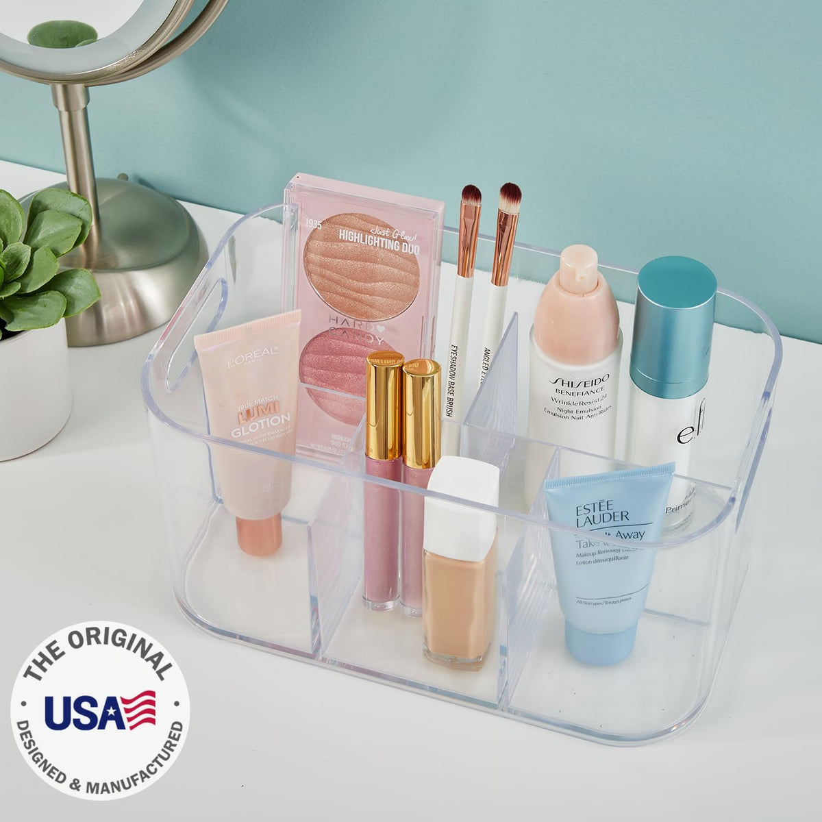 Clear 5-Compartment Makeup & Vanity Organizer Bin - Pass-Through Handles