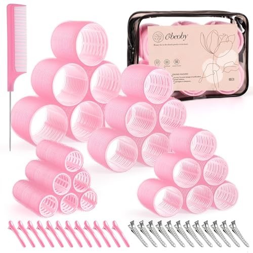 Self Grip Hair Rollers Set with Clips - 4 Sizes Pink, 50 Pieces