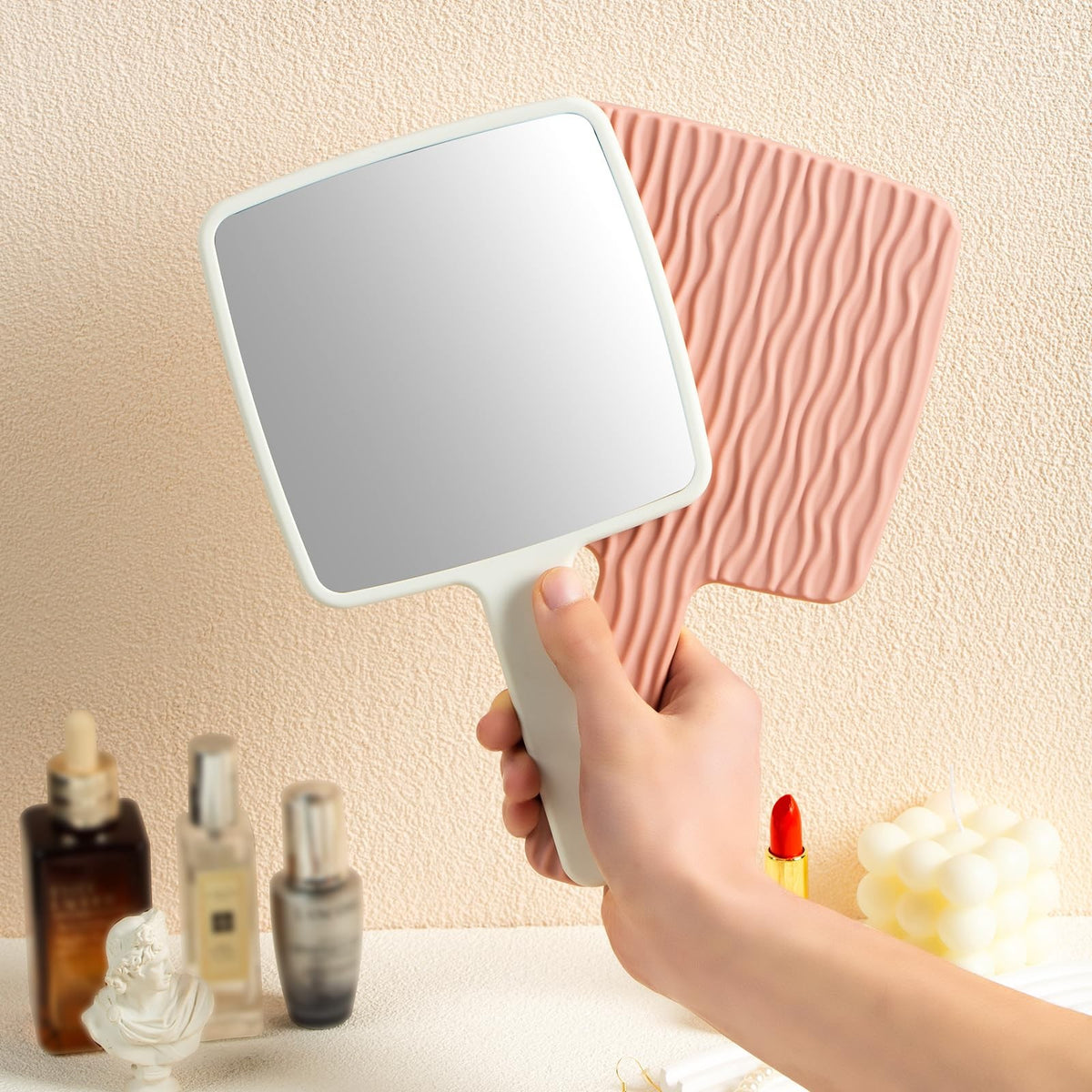 Portable White Handheld Mirror with Handle for Makeup & Shaving