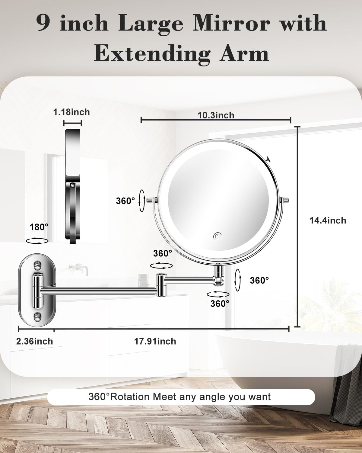 9-Inch Wall Mounted Makeup Mirror with LED Lights, 20X Magnification, Rechargeable & Adjustable Arm