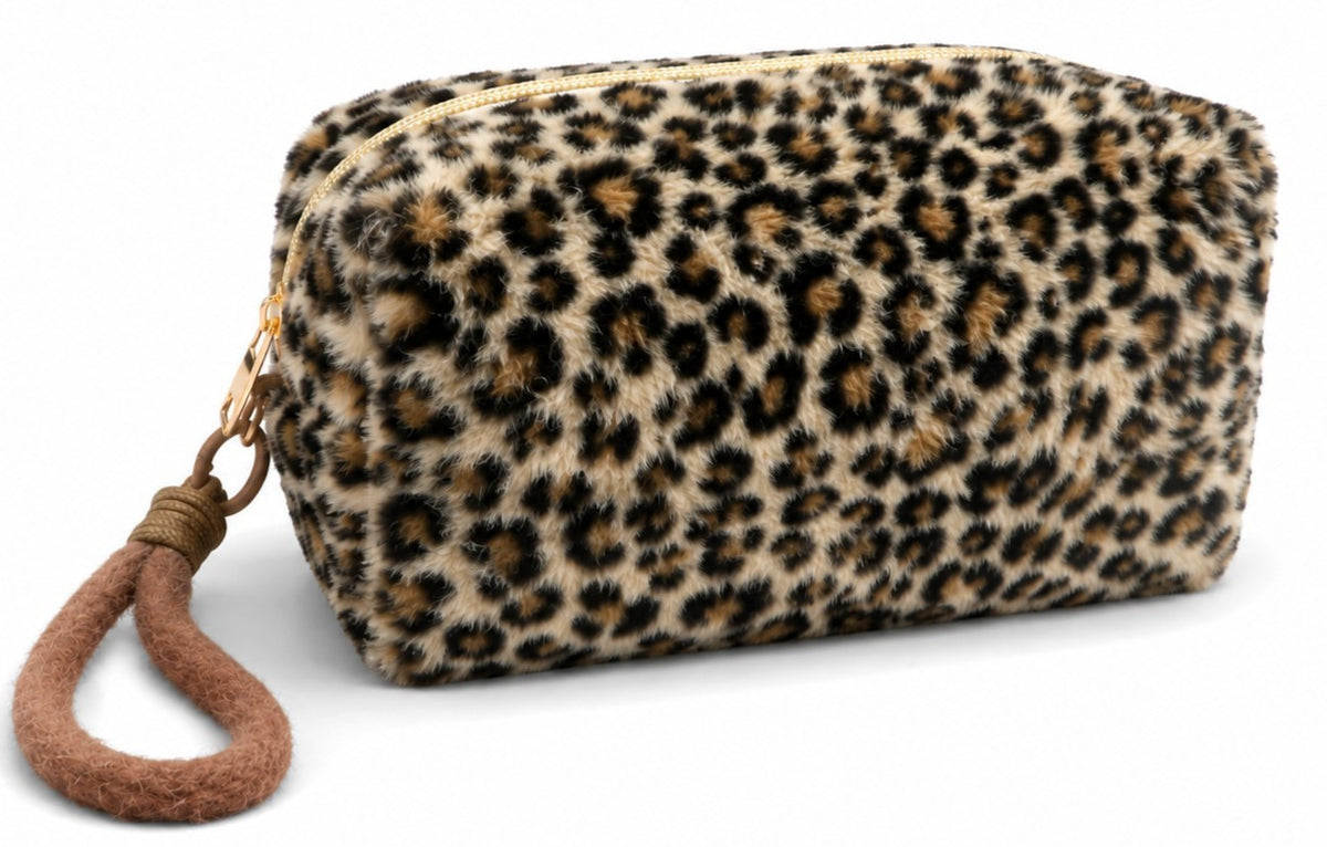 Leopard Plush Cosmetic Travel Toiletry Makeup Bag with Wristlet - Beige