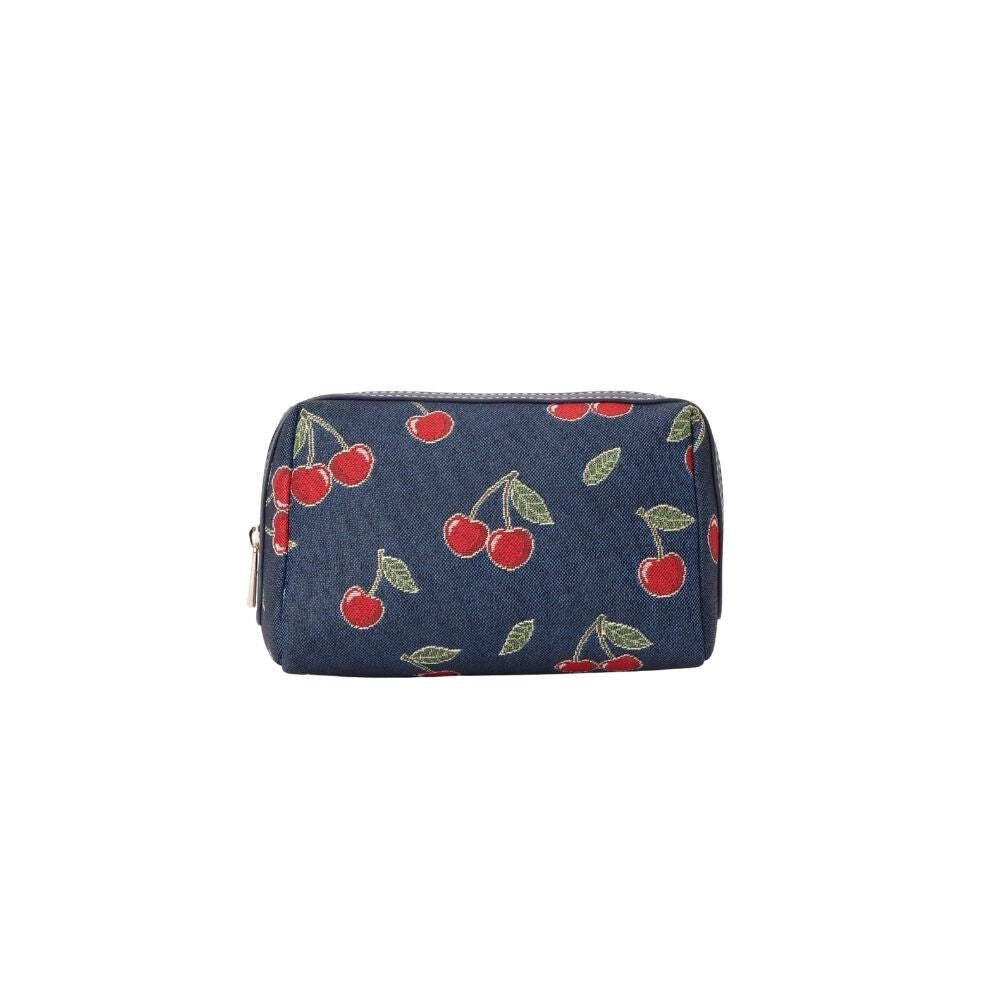 Travel Cosmetic Bag with Cherry Design - Blue Tapestry & Vegan Leather Trim