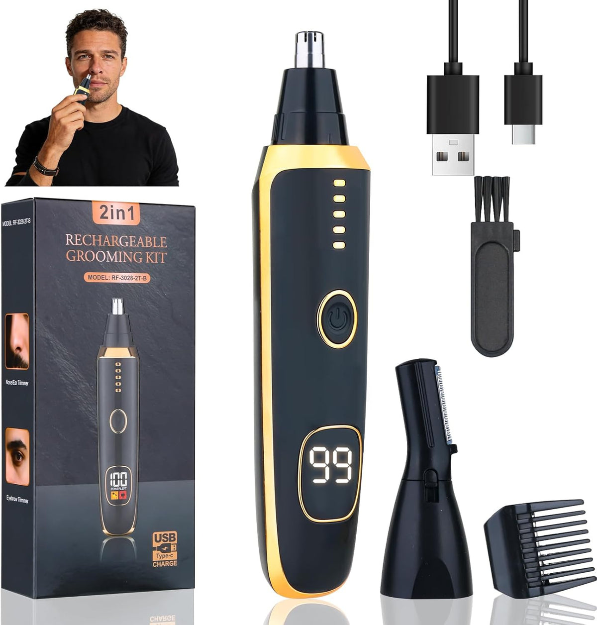 Rechargeable LED Display Nose & Ear Hair Trimmer for Men Women