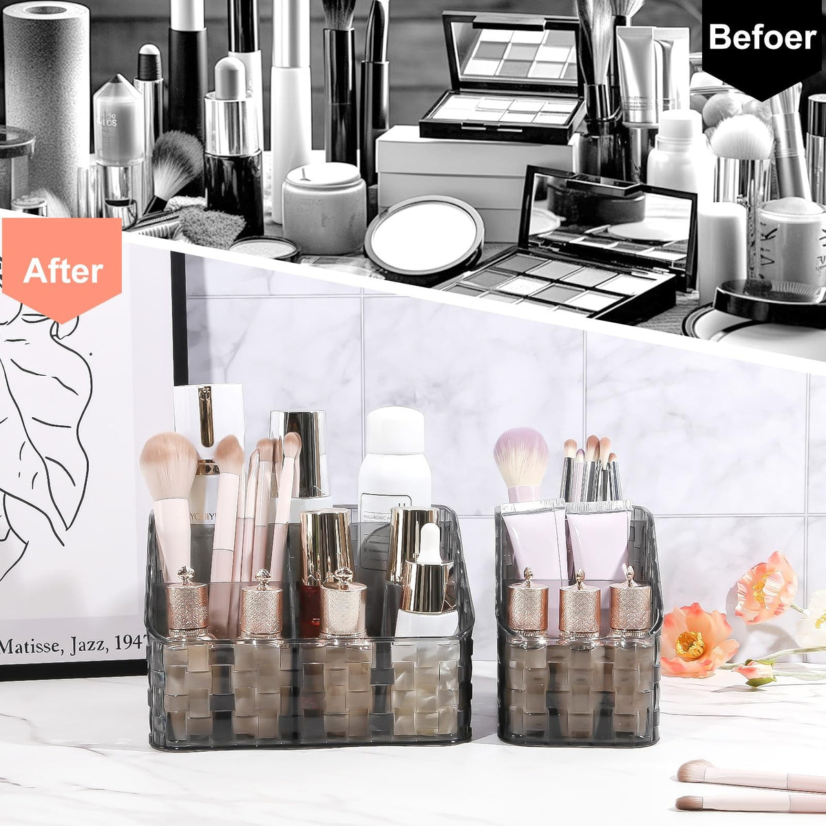 Makeup Brush Organizer Holder 3 Slots Acrylic Vanity Storage Cup Grey