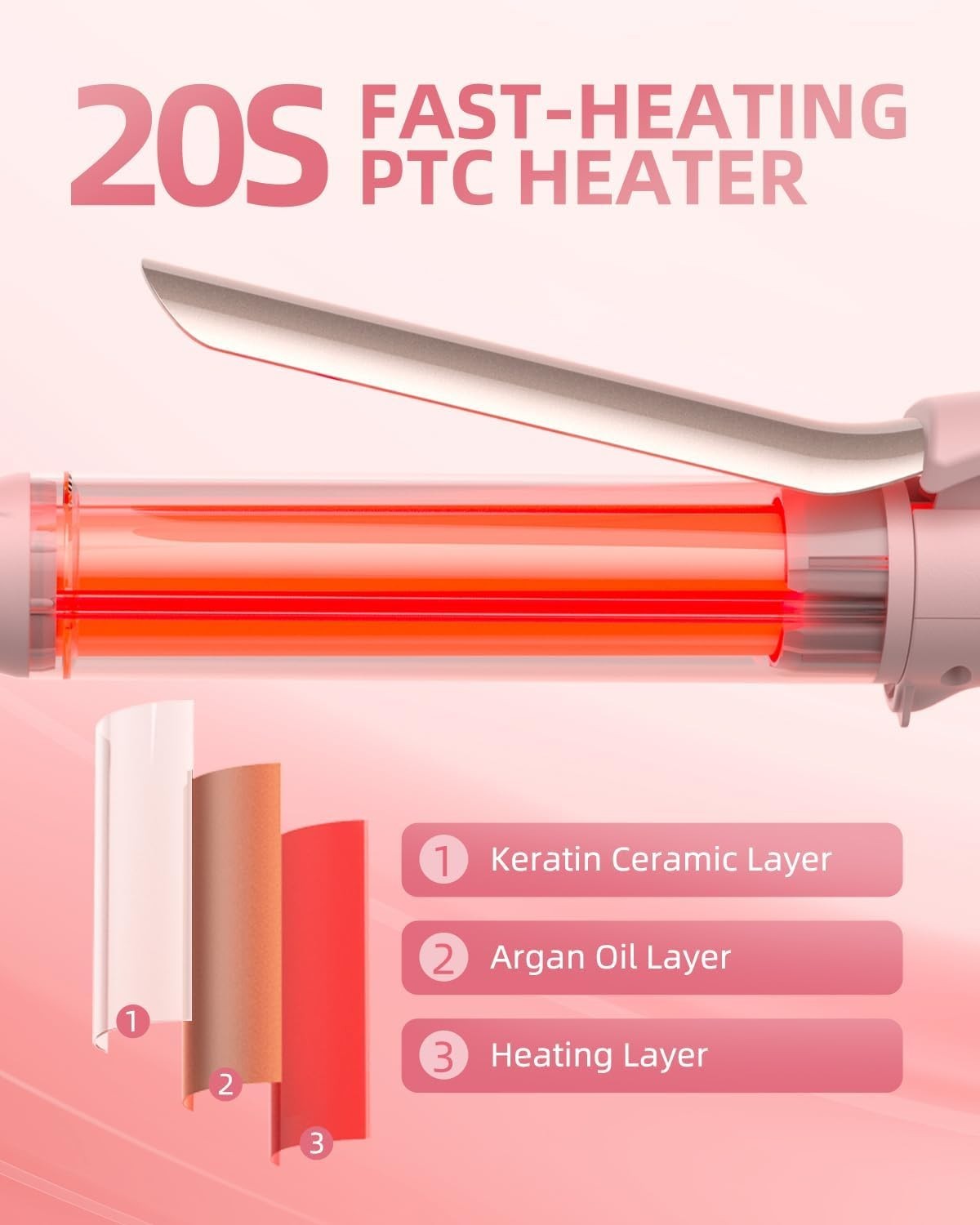 Long Barrel 1.25 Inch Hair Curling Iron with Ionic Ceramic, 5 Settings - Pink