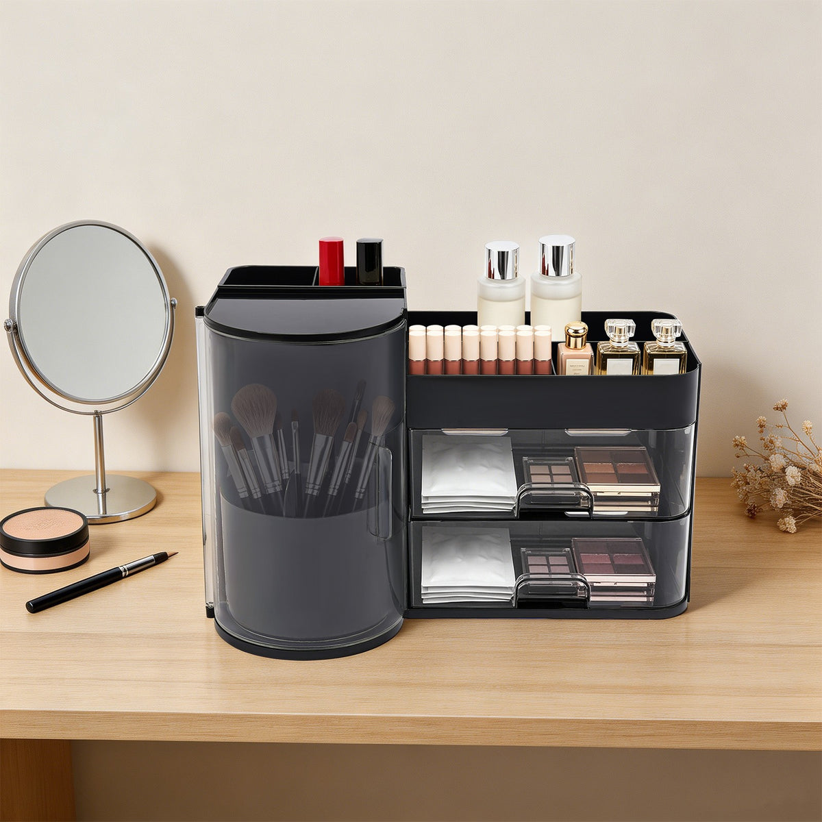 Rotating Makeup Brush Organizer with Drawers and Dust Cover, Black