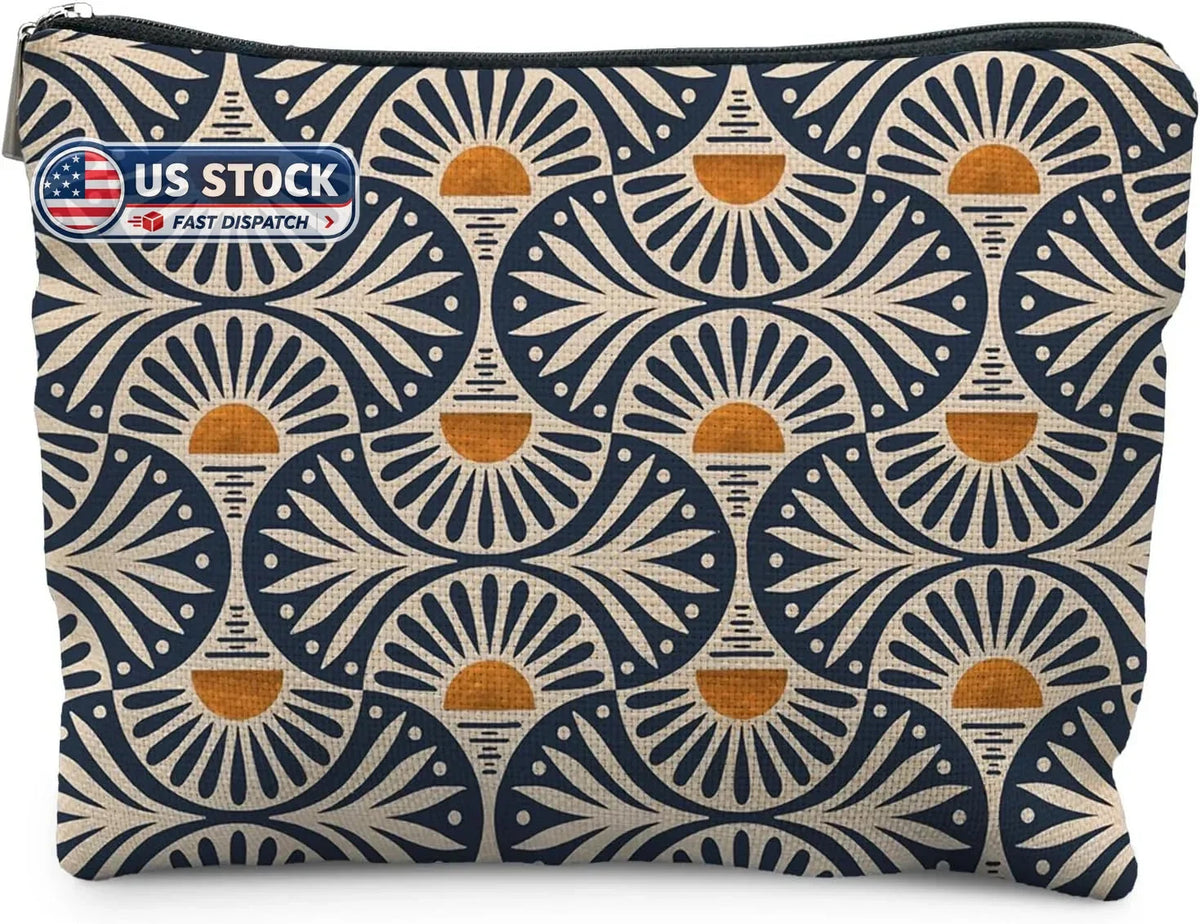 Boho Makeup Bag for Women, Sunset Leaf Design Cosmetic Pouch