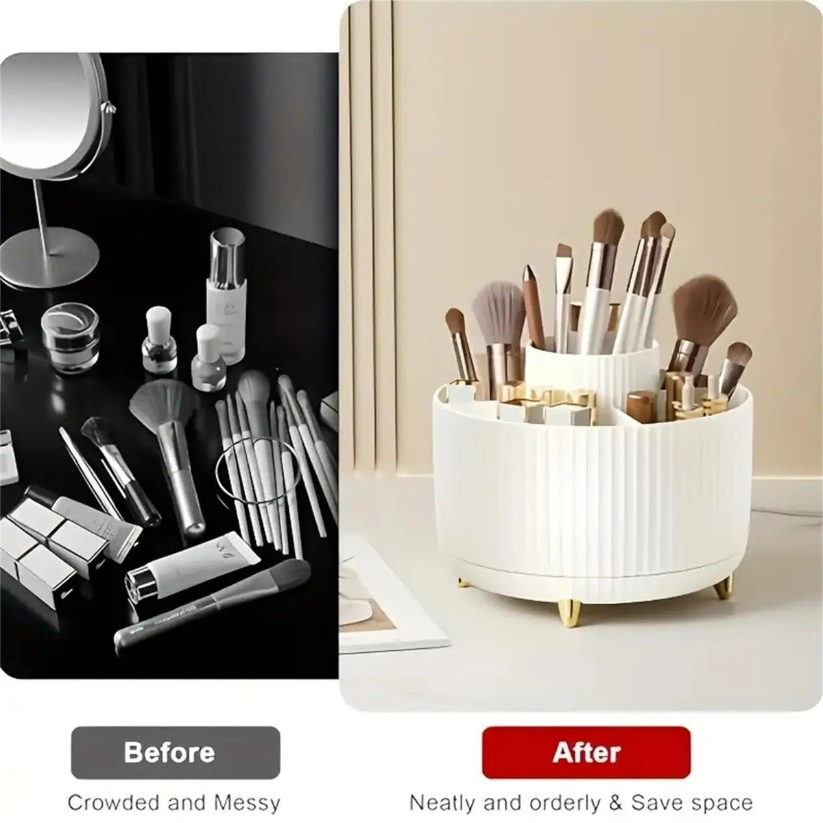 Rotating Makeup Organizer with Brush Holder and Perfume Tray - Elegant Storage Solution