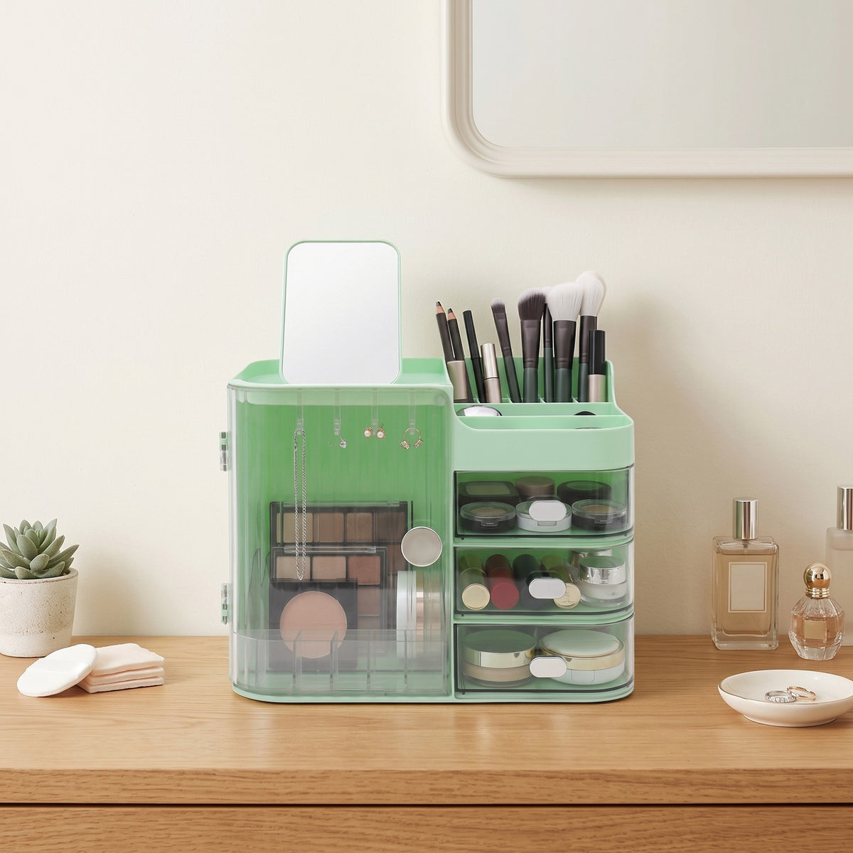 Large Makeup Storage Organizer with Mirror - 31x20x24cm PET Cosmetic Case