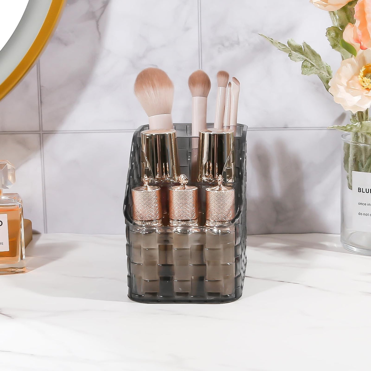 Makeup Brush Organizer Holder 3 Slots Acrylic Vanity Storage Cup Grey