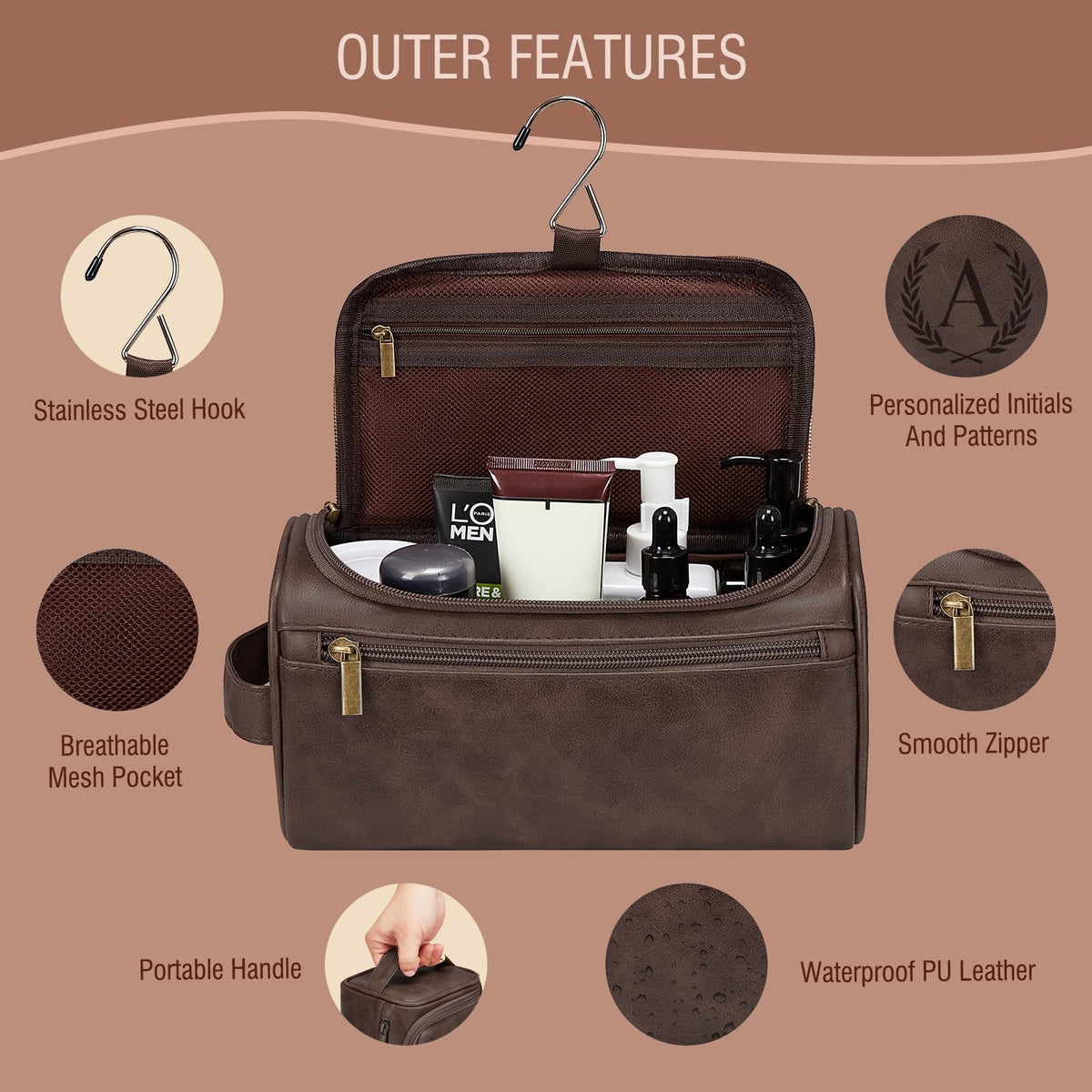 Personalized Waterproof Travel Toiletry Bag for Men - Leather Dopp Kit with Initials