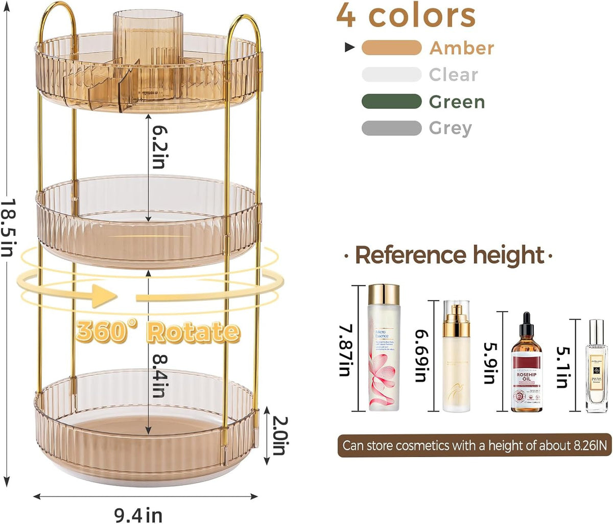 Rotating Makeup Organizer 3-Tier Cosmetic Storage with Brush Holder