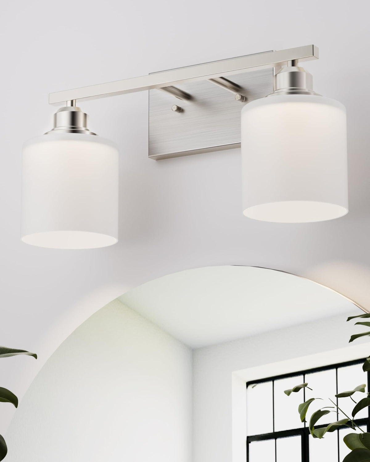 2-Light Bathroom Vanity Light Fixture, Brushed Nickel Modern Wall Sconce with White Glass Shades
