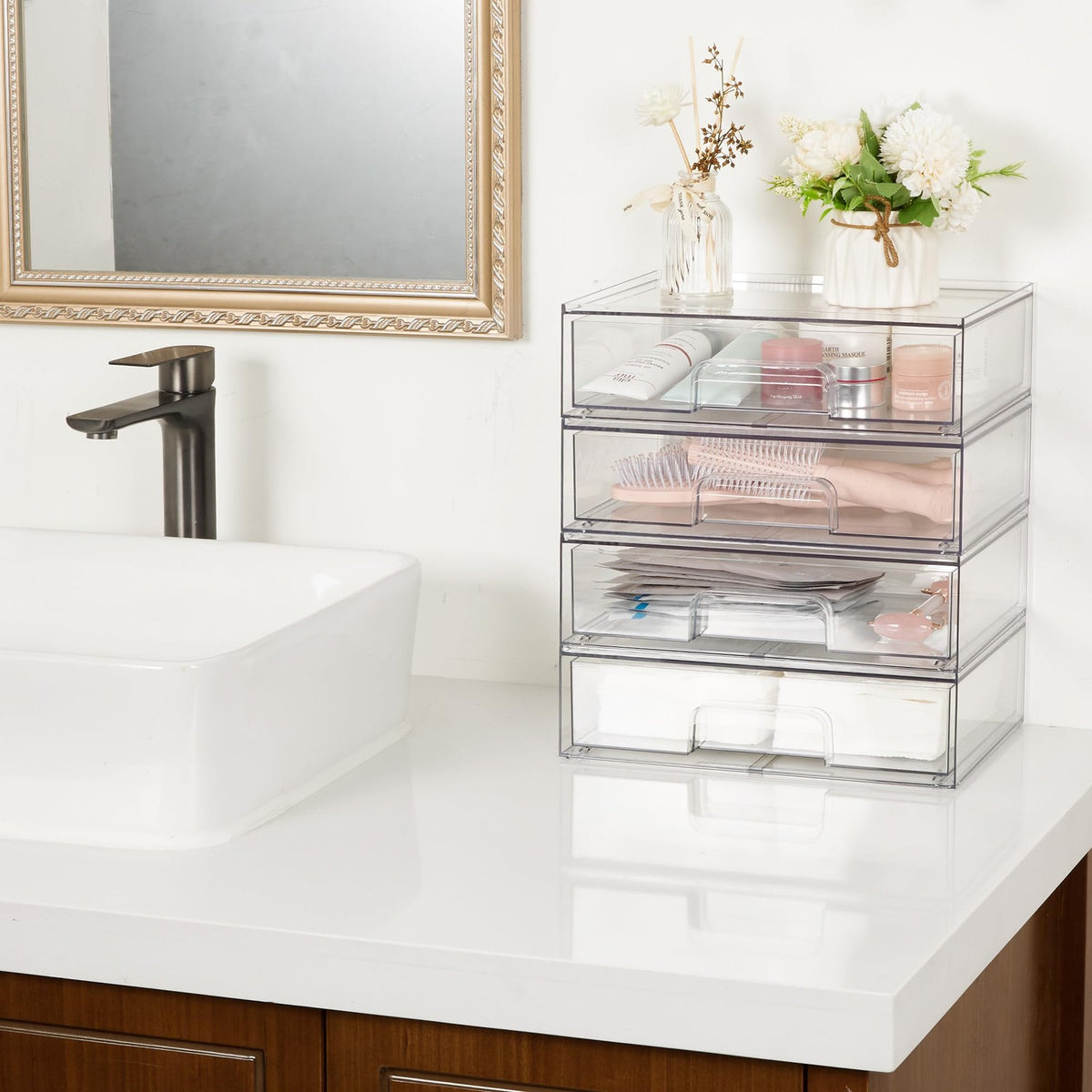 Clear Stackable Storage Drawers - 2 Pack Wide Plastic Organizers