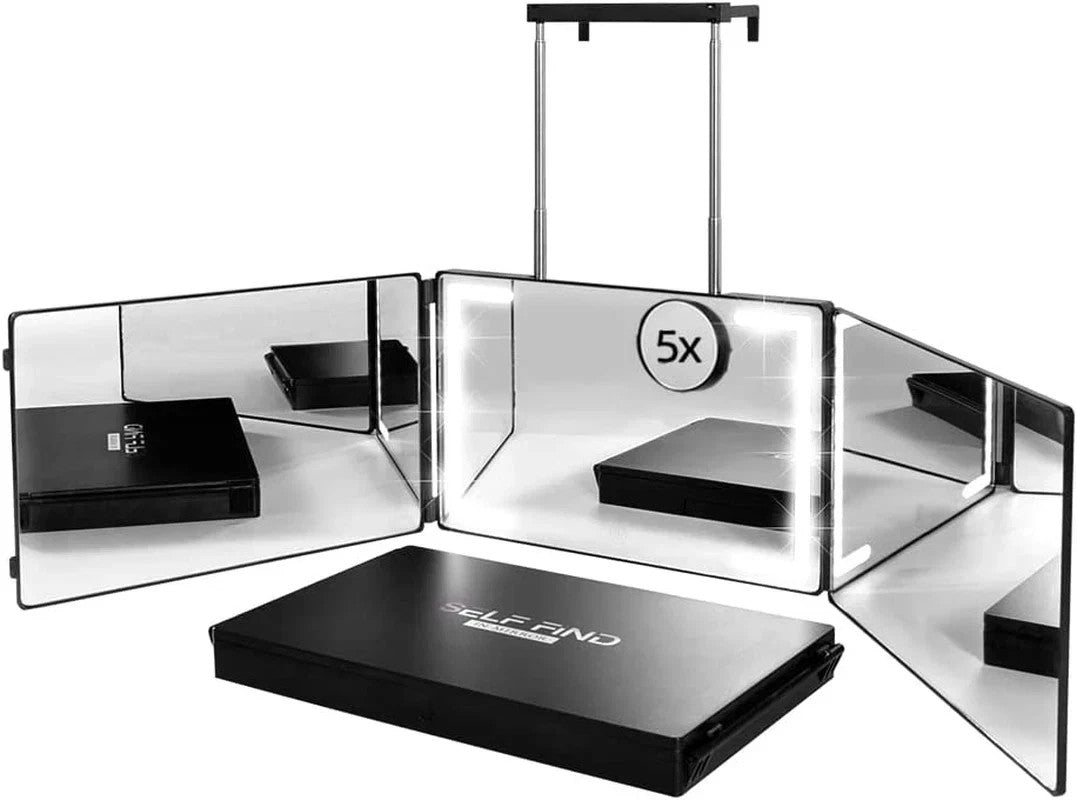 Self-Find 3-Way Mirror with Ring Light for Hair Cutting, Rechargeable, Adjustable Height