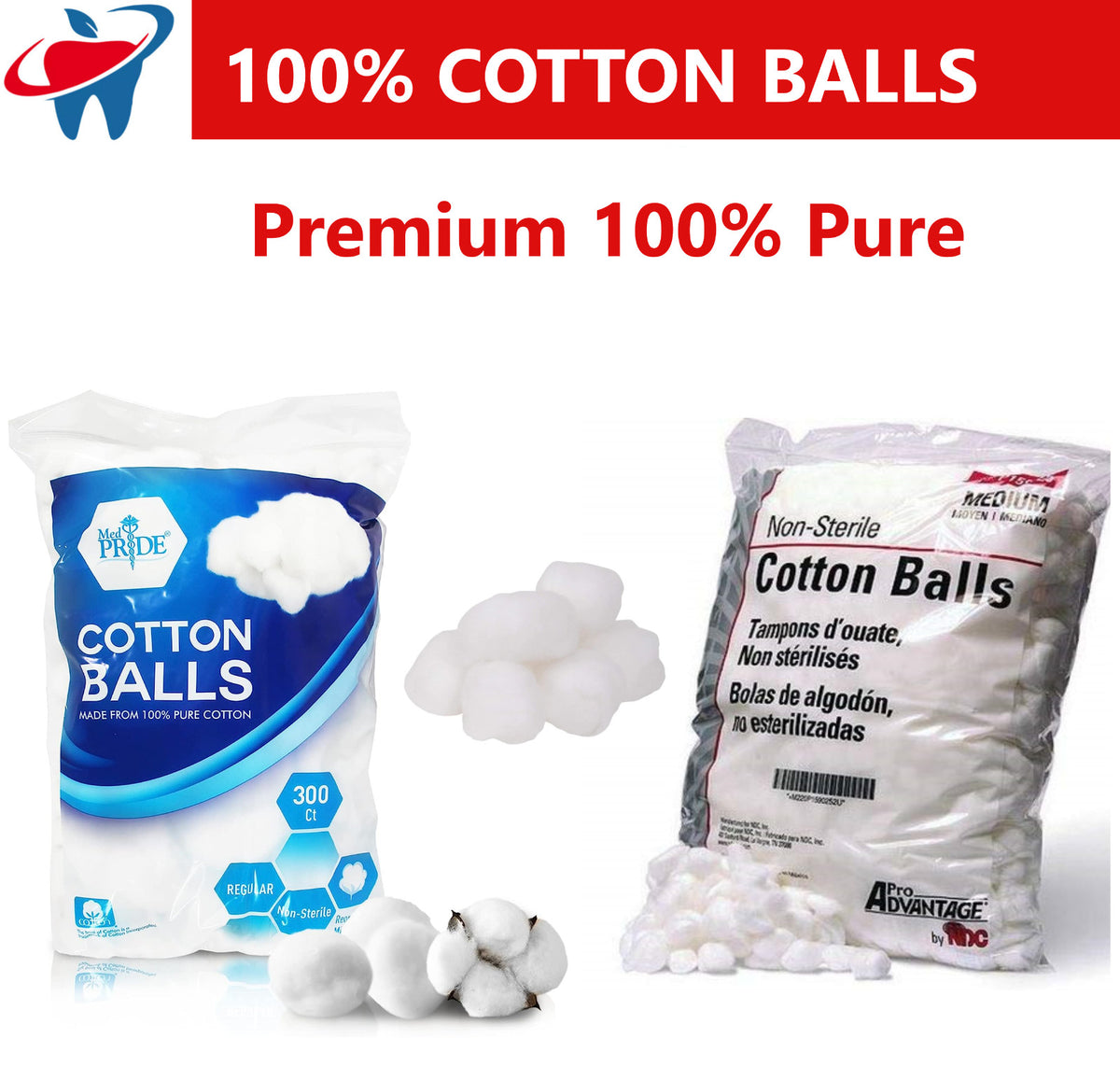 100% Cotton Balls - All-Purpose Medical/Salon Use, 300 Count or 2000 Pack