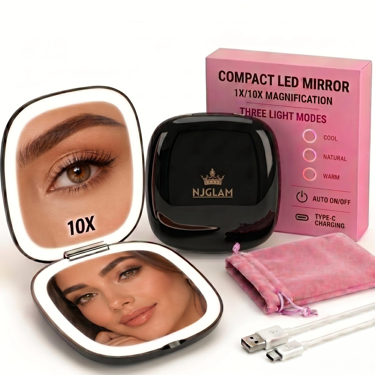 Compact LED Makeup Mirror with 1X & 10X Magnification, Auto Sensor, Travel Size