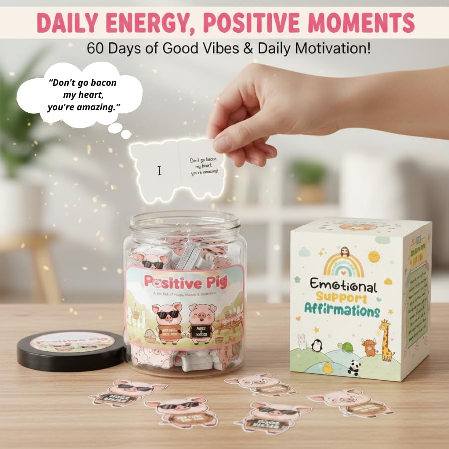 Positive Pig Jar with 60 Affirmation Cards - Pink Support Gift for Kids & Adults