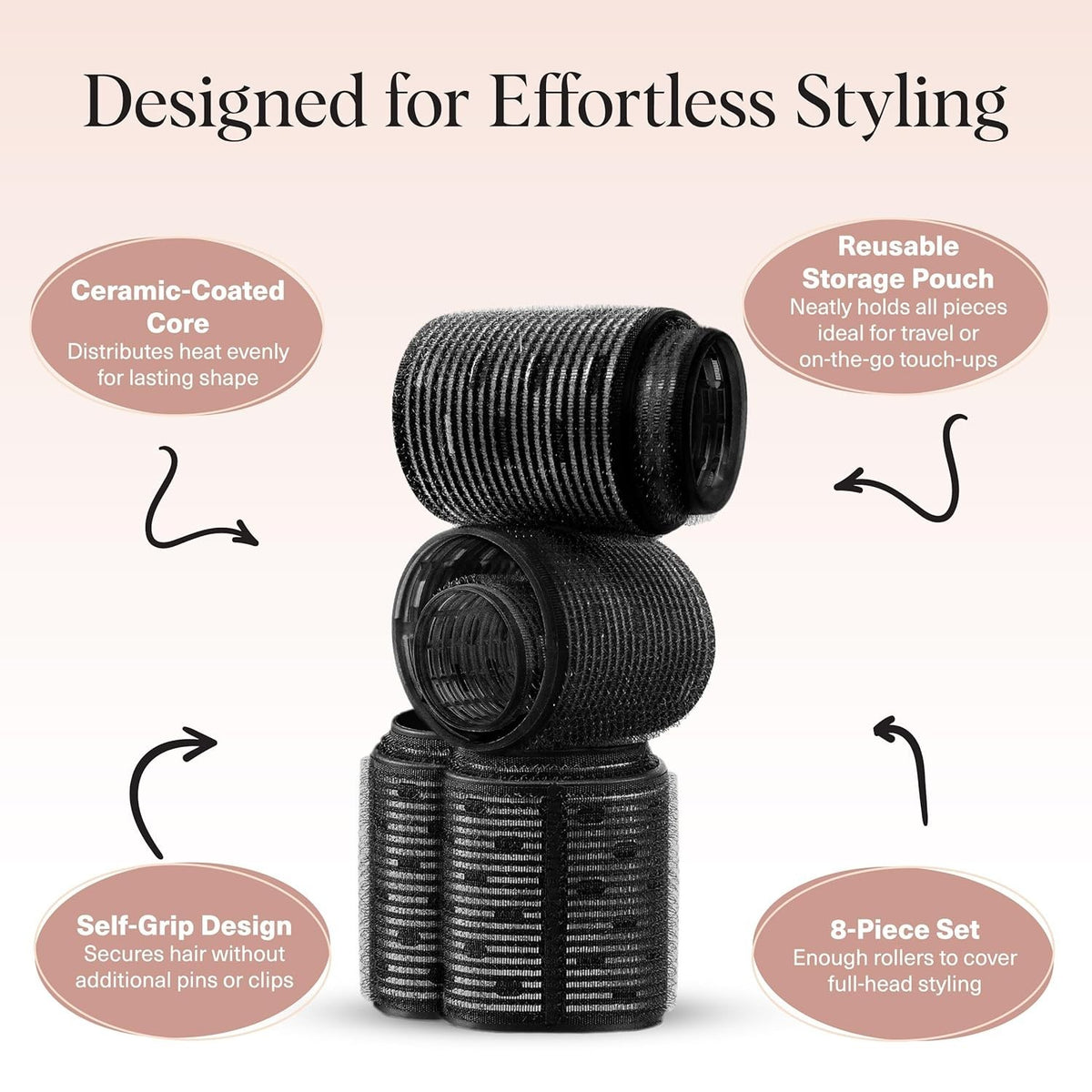 Heatless Ceramic Hair Rollers Set for Voluminous Curls – 8 Pack