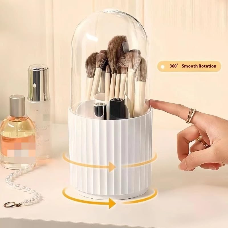 Rotating Makeup Brush Organizer with Lid - 360° Spin Storage