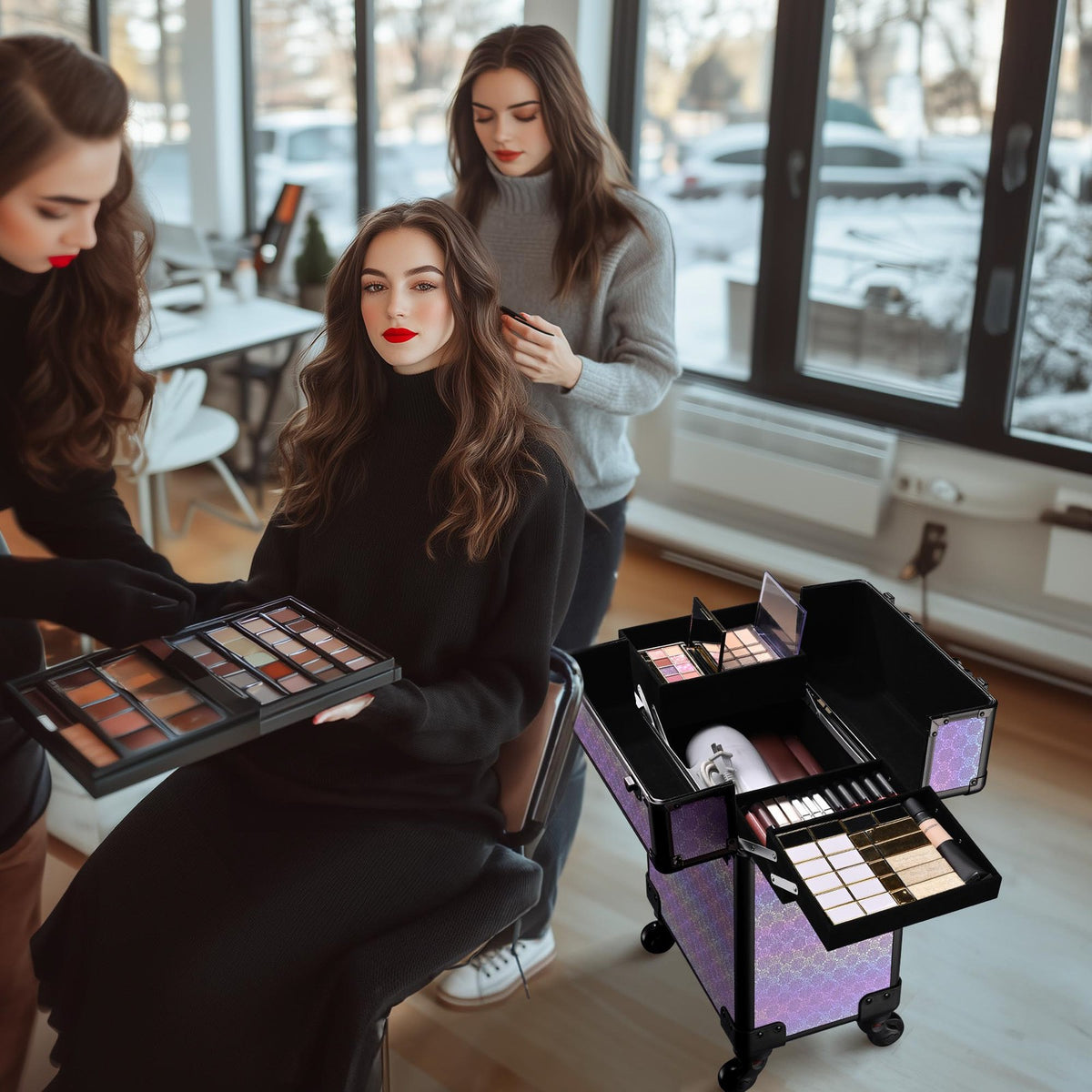 Rolling Makeup Train Case with Extendable Trays - Purple Charm Design