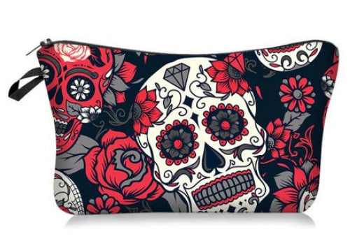 Day of The Dead Makeup Bag Cosmetic Organizer Travel Skull Rose Skeleton