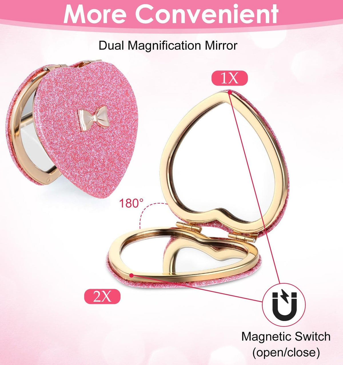 Pink Heart Compact Mirror with Magnifying - Double-Sided Folding Makeup Tool