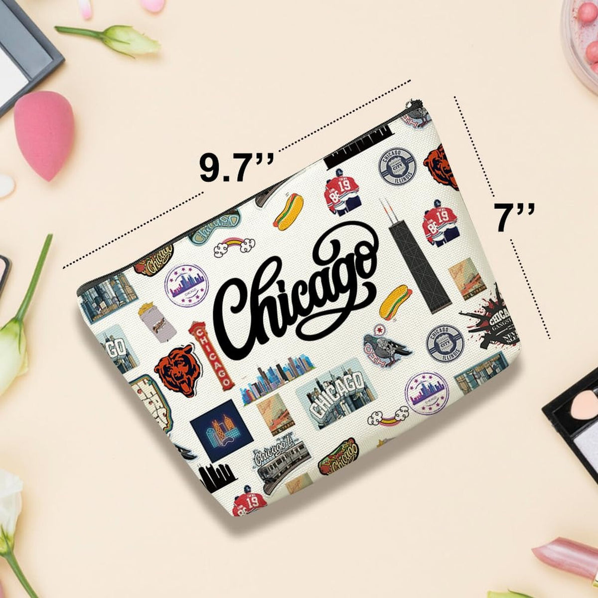 Chicago Themed Makeup Bag - Travel Cosmetic Pouch for Women & Girls