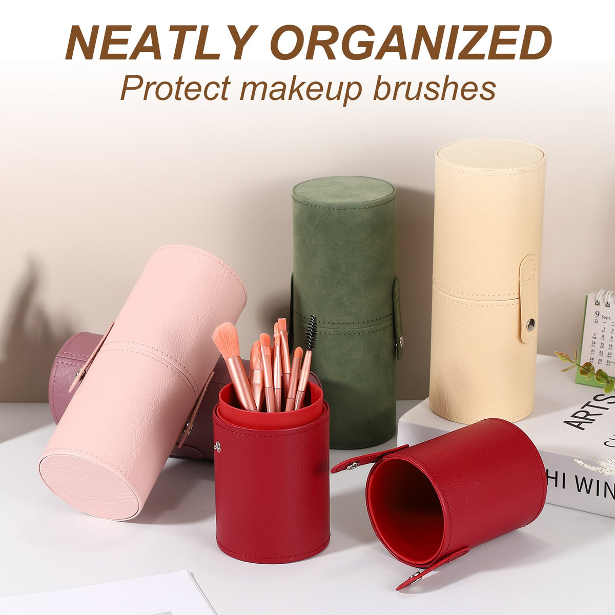 Pink Portable Makeup Brush Holder with Strap, Waterproof & Dustproof Organizer