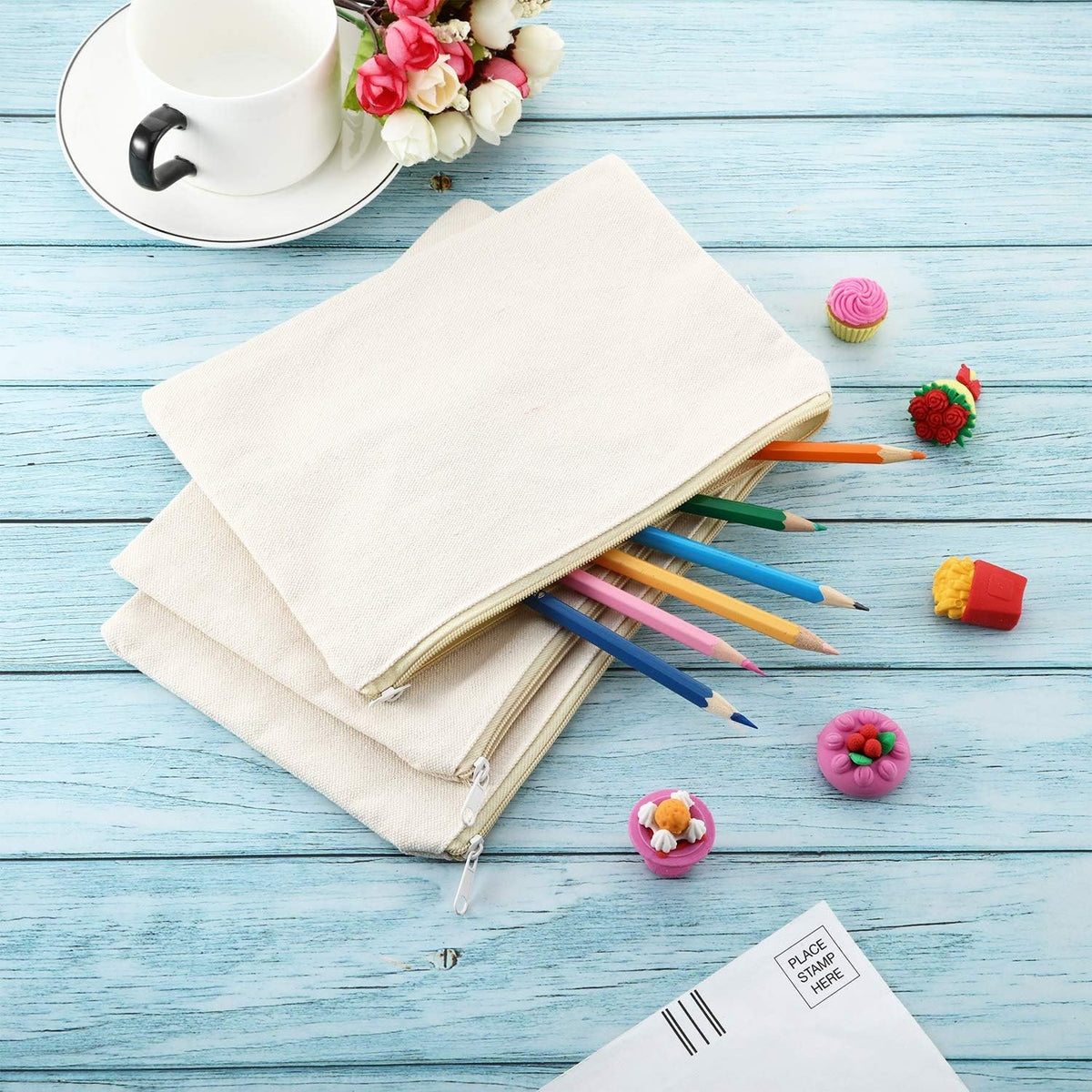 10 Pack DIY Canvas Cosmetic Bags - Blank Makeup Pouches for Customization