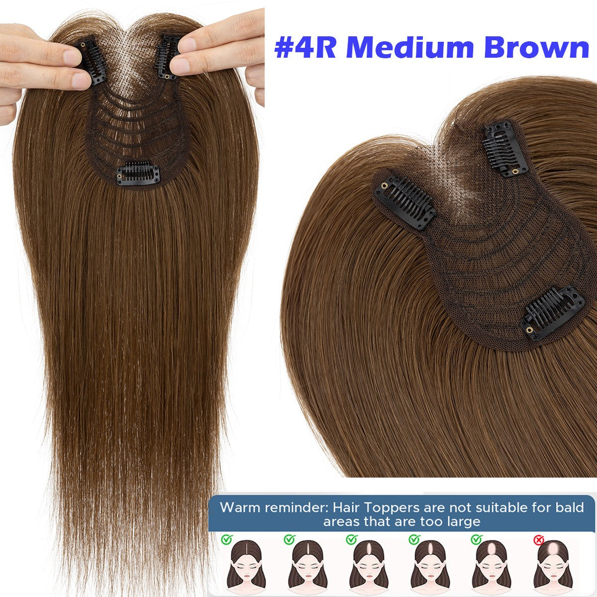 Remy Human Hair Clip-In Topper with Silk Lace Base & Bangs - Custom Sizes & Colors