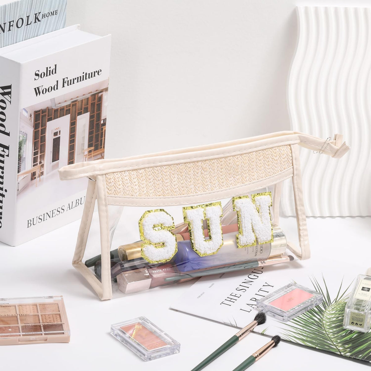 Transparent PVC Makeup Bag with Boho Patch Waterproof Travel Organizer