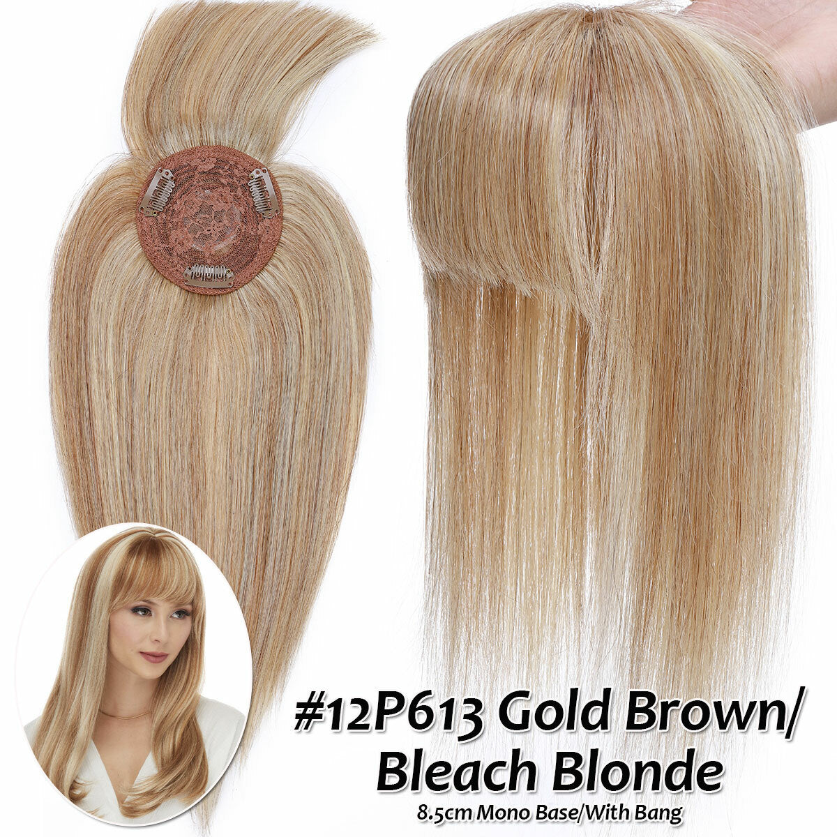 Remy Human Hair Topper with Bangs - Clip-In Hairpiece for Thinning Hair