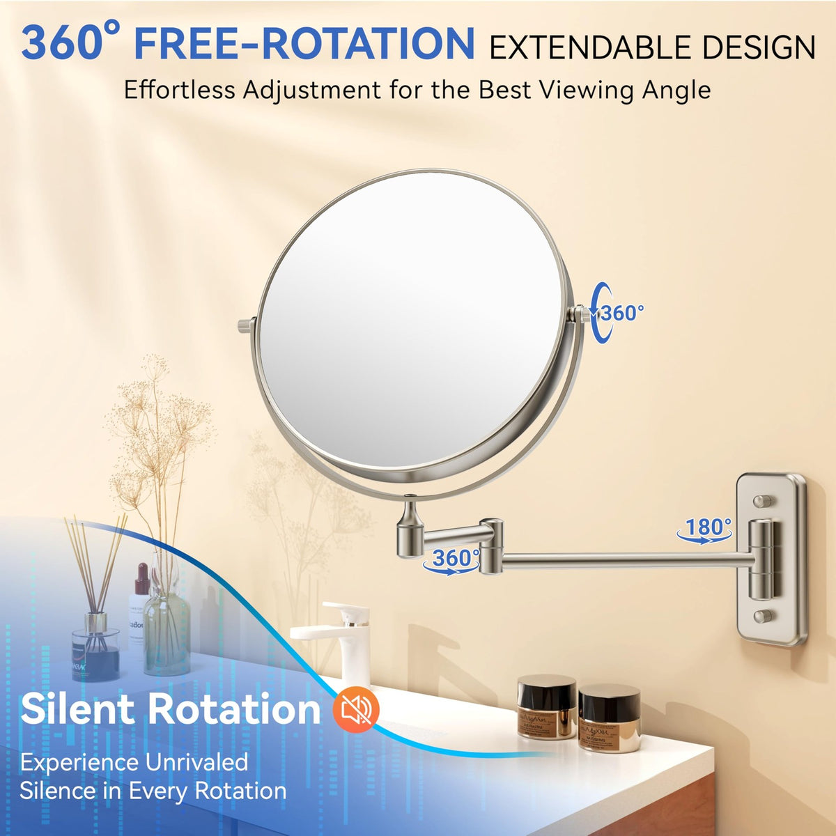 Wall Mounted Makeup Mirror with 1X/30X Magnification, Extendable Swivel, Nickel Finish