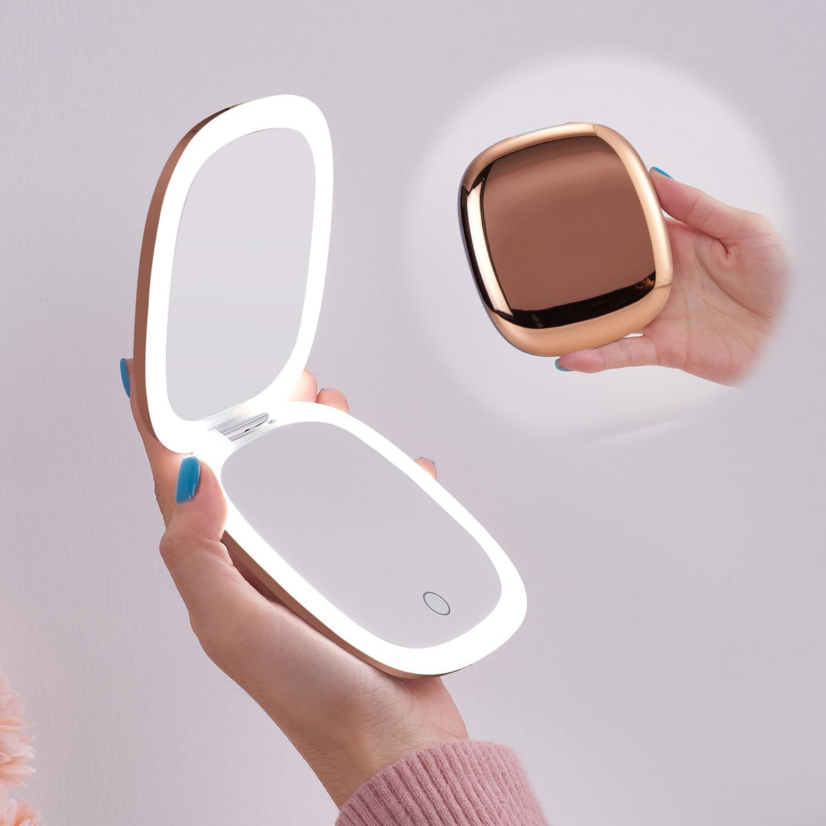 Rose Gold 4-Inch LED Travel Makeup Mirror with 1X/10X Magnification, Dimmable Light, USB Rechargeable