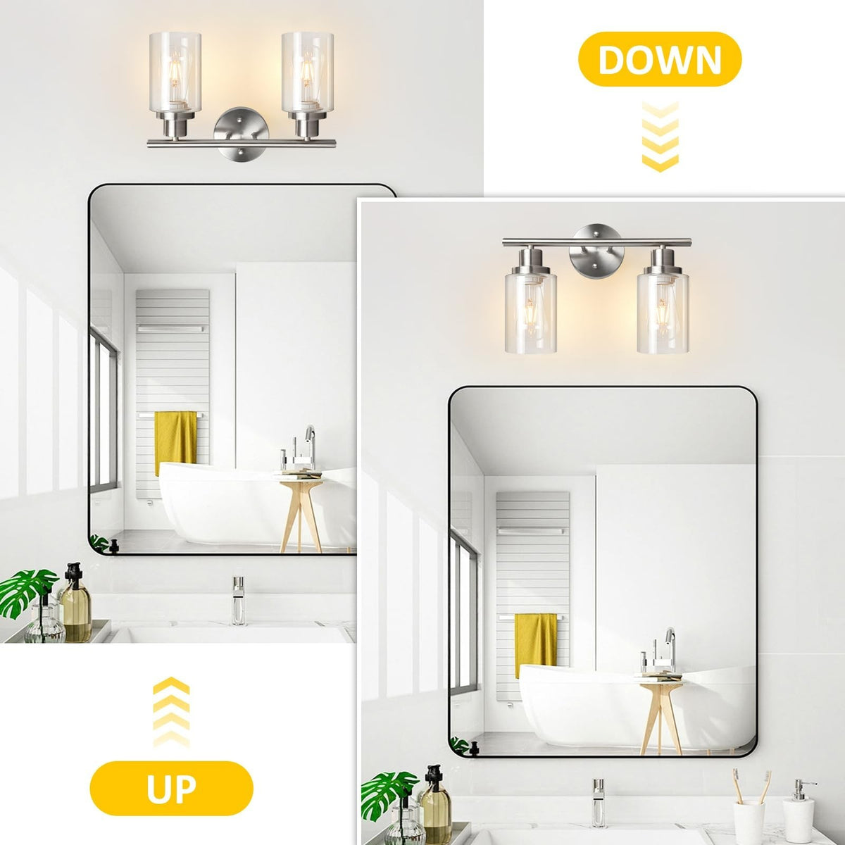 Unicozin 2-Light Modern Vanity Wall Sconce with Clear Glass Shade - Brushed Nickel Finish