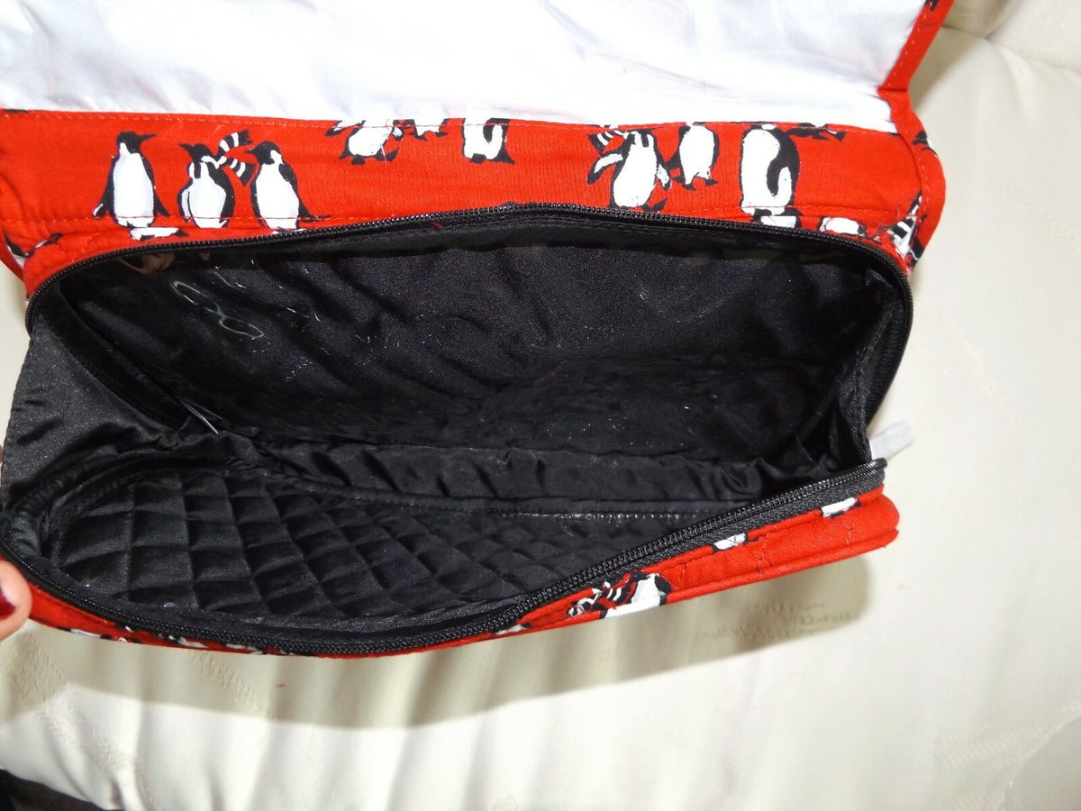 Travel Cosmetic Organizer Bag Hanging Travel Case with Multiple Compartments - Playful Penguins Red