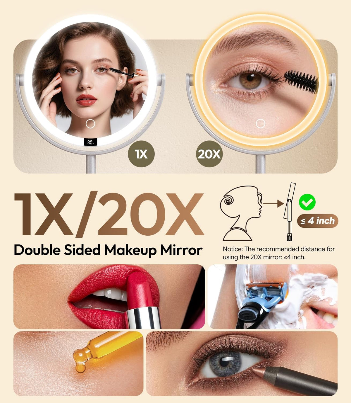 7 Inch Lighted Makeup Mirror with 20X Magnification, Adjustable Height & 3 Color Modes