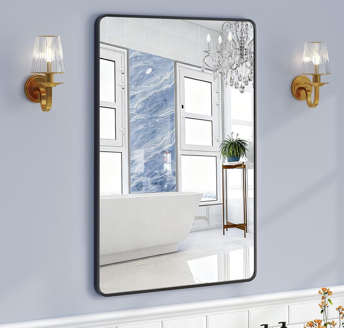24x36 Bathroom Vanity Mirror Over Sink - Black Rectangular Aluminum Frame