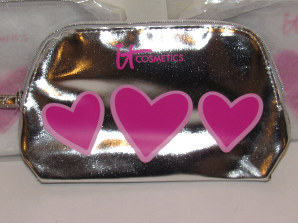 Pink Hearts Silver Cosmetic Bag Set - Travel Makeup Toiletry Bags, 3 Pack