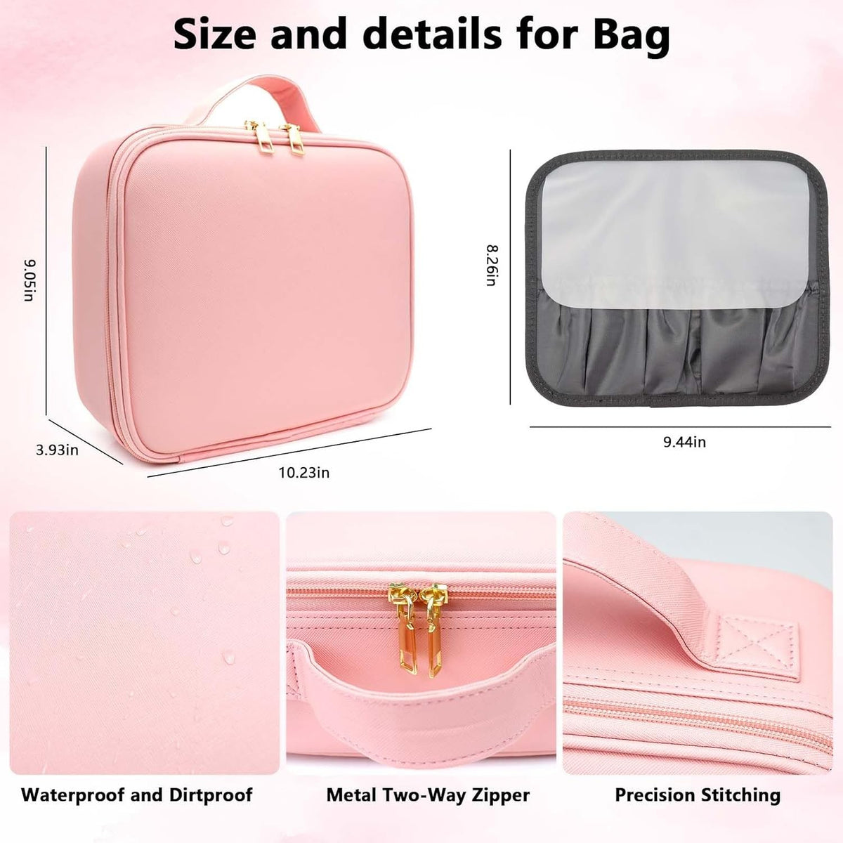 Travel Makeup Bag with LED Mirror and Adjustable Dividers, Waterproof